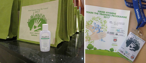 TTT　program　bag　with　SARAYA　logo　design　and　Saraya　Goodmaid　Alsoft　A　hand disinfectant was　given to　all　participants.