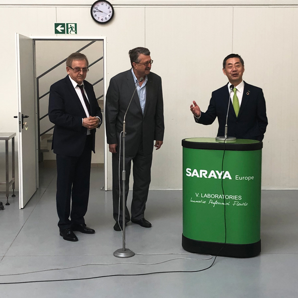 Mr. Saraya giving a speech together with, from left to right, Mr. Nowakowski (C.E.O.) and Mr. Miczorek (Director) of Saraya Poland.