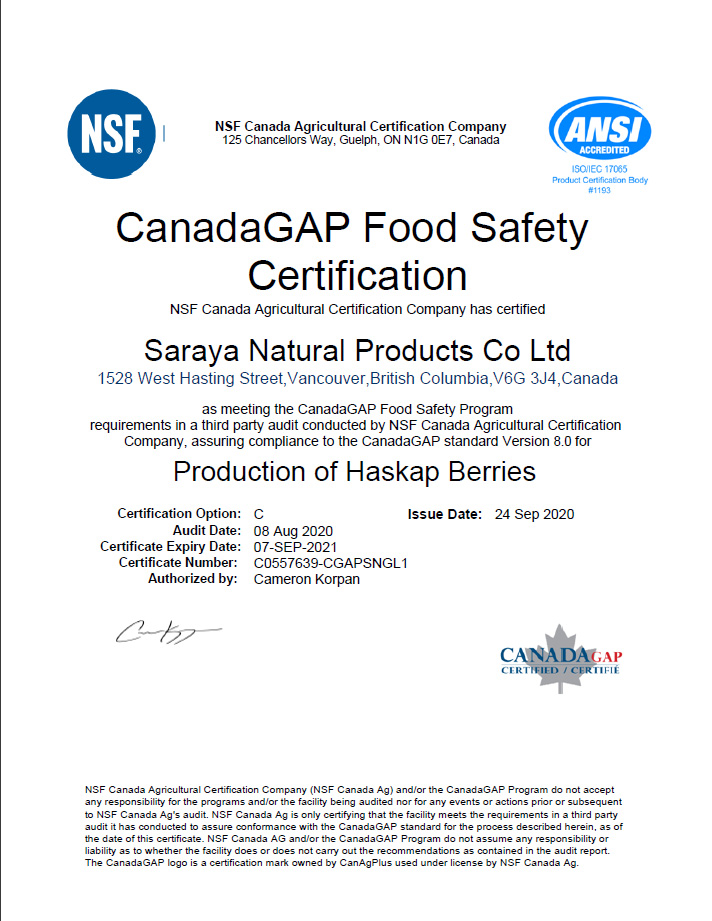 CanadaGap Food Safety Certification for Saraya Natural Products